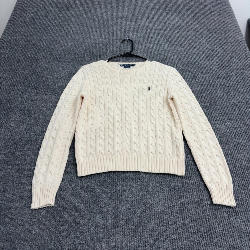 Ralph Lauren Sweater Womens L Cream Cotton Cable Knit Crew Neck Preppy Classic